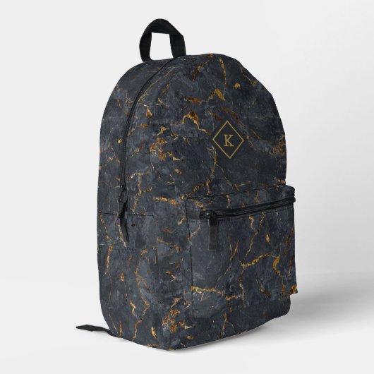 Sac À Dos Imprimé Marbre noir de luxe avec Monogramme or Accent (Coin arrière gauche)