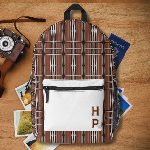 Sac À Dos Imprimé Marron Blanc Rayures Géométrique Monogramme Vintag