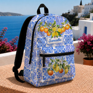 Sac À Dos Imprimé Méditerranéen Sicilien Bleu Jaune Citrus Azulejo