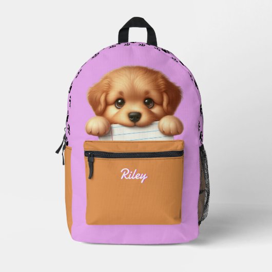 Sac À Dos Imprimé Mignonne Chiot Manger Maison Rose et Brown (Recto)