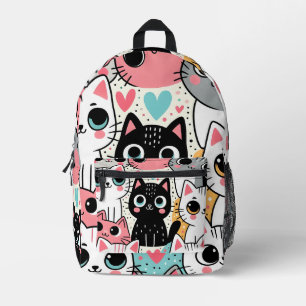 Sac À Dos Imprimé Mignons visages de chat Kawaii et cœurs fantaisist