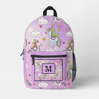 Sac À Dos Imprimé Modern Cute Unicorn and Rainbow Purple Monogram
