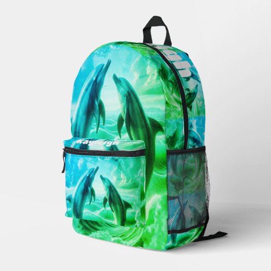 Sac À Dos Imprimé Monogramme Bleu & Vert Dolphins Océan | (Coin arrière droit)