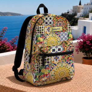 Sac À Dos Imprimé Monogramme de carreau méditerranéen orange géométr