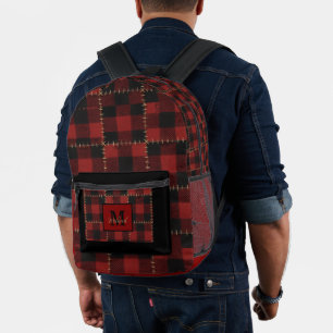 Sac À Dos Imprimé Monogramme de nom à carreaux buffle noir et rouge