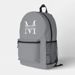 Sac À Dos Imprimé Monogramme et nom de gris élégant personnalisé