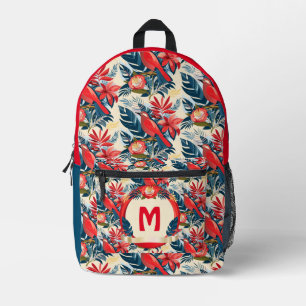 Sac À Dos Imprimé Monogramme Fleurs exotiques et oiseaux rouges moti