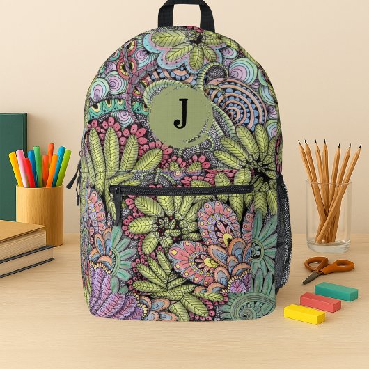 Sac À Dos Imprimé Monogramme floral tiré à la main du jardin psychéd