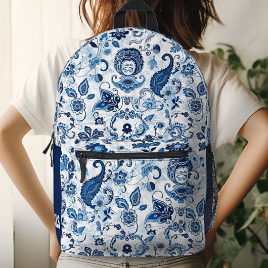 Sac À Dos Imprimé Monogramme Initial Bleu et Blanc Paisley