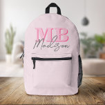 Sac À Dos Imprimé Monogramme initial minimaliste rose moderne<br><div class="desc">Créez votre propre sac à dos personnalisé avec des initiales minimalistes modernes et un nom monographique de calligraphie de script.</div>