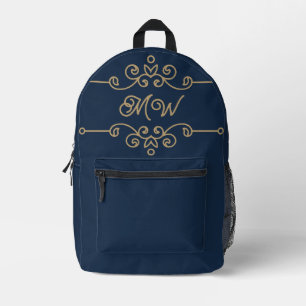 Sac À Dos Imprimé Monogramme vintage or et bleu marine Élégant