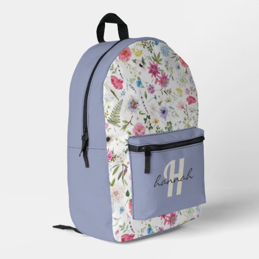Sac À Dos Imprimé Monogramme violet Fleur sauvage personnalisé (Coin arrière gauche)