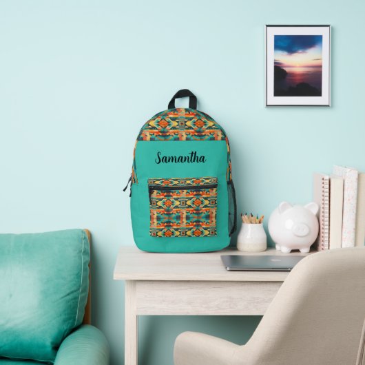 Sac À Dos Imprimé Motif amérindien aztèque sur turquoise (Insitu)