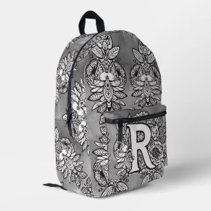Sac À Dos Imprimé Motif de tatouage floral "R" en monogramme en noir