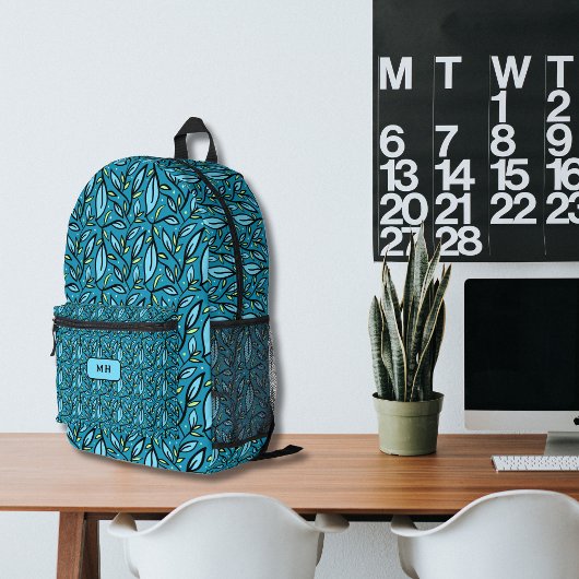 Sac À Dos Imprimé Motif Feuille bleu avec Monogram