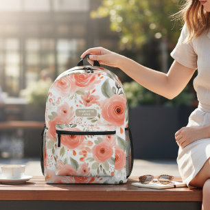 Sac À Dos Imprimé Motif Floral Peach Watercolor Nom personnalisé