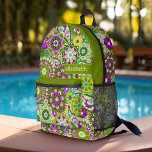 Sac À Dos Imprimé Motif floral tendance rétro avec bloc de nom<br><div class="desc">Un design floral et audacieux aux tons violets et verts colorés avec un bloc de couleur amusant pour ajouter votre nom ou n'importe quel texte. La folle motif aux fleurs a une variété de couleurs. Vous pouvez ajouter un nom, un monogramme ou un autre texte personnalisé. Si vous avez besoin...</div>