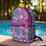 Sac À Dos Imprimé Motif floral tendance rétro avec bloc de nom<br><div class="desc">Un design floral et audacieux aux tons violets et bleus colorés avec un bloc de couleur amusant pour ajouter votre nom ou n'importe quel texte. La folle motif aux fleurs a une variété de couleurs. Vous pouvez ajouter un nom, un monogramme ou un autre texte personnalisé. Si vous avez besoin...</div>