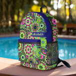 Sac À Dos Imprimé Motif floral tendance rétro avec bloc de nom<br><div class="desc">Un design floral et audacieux aux tons colorés de bleu, violet et vert avec un bloc de couleur amusant pour ajouter votre nom ou n'importe quel texte. La folle motif aux fleurs a une variété de couleurs. Vous pouvez ajouter un nom, un monogramme ou un autre texte personnalisé. Si vous...</div>