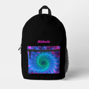 Sac À Dos Imprimé Motif Rétro en Rose Chaud, Bleu, Vert sur Fond Noi