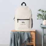 Sac À Dos Imprimé Nom beige monogramme initiales<br><div class="desc">Arrière - plan beige,  texte noir. Personnalisez et ajoutez vos initiales monographiques et votre nom complet.</div>