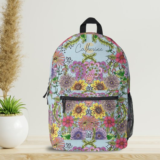 Sac À Dos Imprimé Nom et initiale de l'art floral à main vibrant