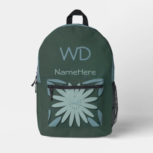 Sac À Dos Imprimé Nom personnalisé Monogramme Vert Bleu Fleurs (Recto)