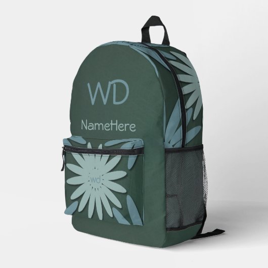 Sac À Dos Imprimé Nom personnalisé Monogramme Vert Bleu Fleurs (Coin arrière droit)