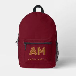 Sac À Dos Imprimé Or Monogramme Initial Luxe Rouge Bourgogne