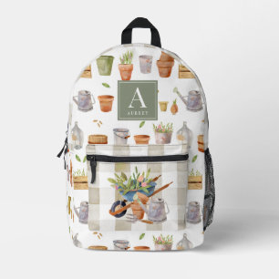 Sac À Dos Imprimé Outils de jardinage Aquarelle En vichy Olive blanc