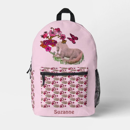 Sac À Dos Imprimé Papillons Unicorne Et Fleurs Personnalisés (Recto)