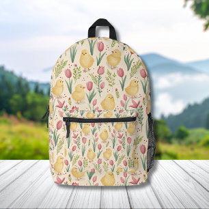 Sac À Dos Imprimé Pâques vintage Mignons poussins jaunes Tulipes rou