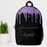 Sac À Dos Imprimé Parties scintillant violette personnalisée<br><div class="desc">Sac à dos noir chic, élégant et ceinturé personnalisé avec gouttes de parties scintillant violet. Personnalisez avec votre nom dans un script élégant et tendance violet clair avec des swashes. Vous pouvez ajuster la taille de la police de script dans l'outil de conception pour des noms plus courts ou plus...</div>