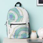 Sac À Dos Imprimé Pastel Aqua et Purple Agate Motif avec nom<br><div class="desc">Ce design de sac à dos magnifiquement élégant dispose d'un motif en pierre agate moderne dans un aqua pastel féminin branché, violet, bleu et or. Un modèle de texte est inclus pour personnaliser avec votre nom ou tout autre texte souhaité le long du côté inférieur gauche du design. Vous pouvez...</div>