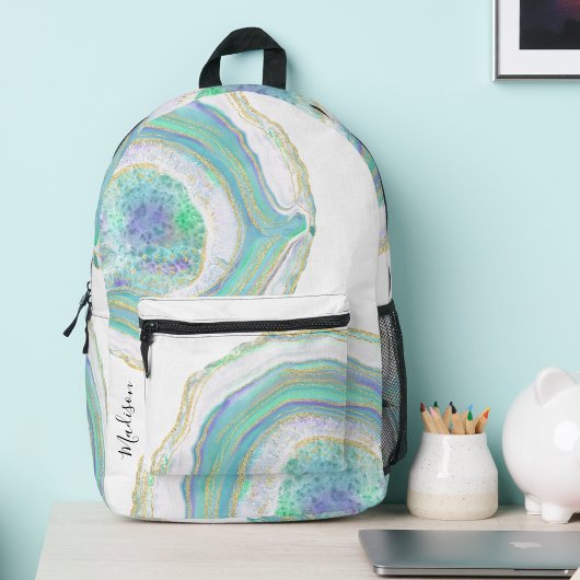 Sac À Dos Imprimé Pastel Aqua et Purple Agate Motif avec nom