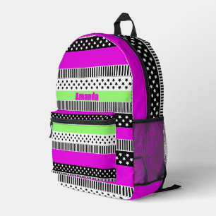 Sac À Dos Imprimé Patchwork de rayures noir et blanc et néon