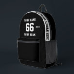 Sac À Dos Imprimé Personnalisé noir et blanc Nom, Numéro, Team Sport<br><div class="desc">Créez votre propre sac à dos imprimé style football sport noir et blanc personnalisé avec nom, numéro, nom d'équipe, slogan et année. Personnalisez ce simple modèle de sac à dos imprimé classique avec votre message personnalisé, nom, nom d'équipe et année. Personnalisez-le facilement pour un sport cool. Créez votre cadeau personnalisé...</div>