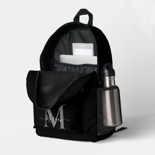Sac À Dos Imprimé Personnaliser le nom initial du monogramme Noir (Coin arrière droit (ouvert))