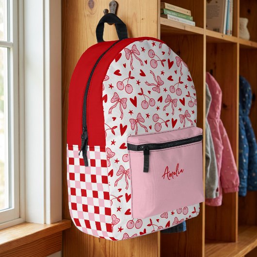Sac À Dos Imprimé Pink Retro Cherry & Bows Checkerboard with Name