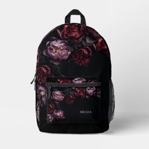 Sac À Dos Imprimé Pivoines rouges violettes 3D sur fond noir