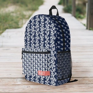 Sac À Dos Imprimé Plage Côtier Marine Bleu Corail Blanc Shell Monogr