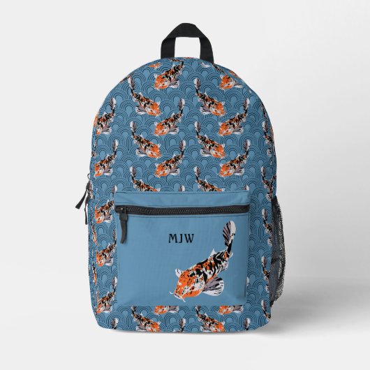 Sac À Dos Imprimé Poisson Koi orange sur des vagues bleues à motif (Recto)