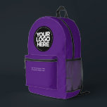 Sac À Dos Imprimé Pourpre | Logo et texte personnalisés<br><div class="desc">Pourpre | Logo d'entreprise personnalisé et texte moderne Professionnel imprimé sac à dos</div>