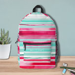 Sac À Dos Imprimé Préppy moderne Cyan Magenta Nom personnalisé<br><div class="desc">Moderne Preppy Cyan Magenta Aquarelle Motif de bande Nom personnalisé Les sacs à dos contiennent votre nom personnalisé, monogramme ou parties génitales dans une typographie de script simple sur un arrière - plan de bande d'aquarelle cyan et mageneta moderne. Parfait pour retourner à l'école, les sports, la salle de sport...</div>