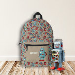 Sac À Dos Imprimé Robots rétro personnalisés<br><div class="desc">La poche avant de ce sac à dos est prête à être personnalisée avec un nom ou des initiales. Il présente une jolie illustration d'un robot rétro en bleu clair contre un arrière - plan bronzé. Le reste du sac à dos a un motif de robots en rouge et bleu,...</div>