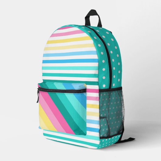 SAC À DOS IMPRIMÉ ROSE BLEU VERT JAUNE STRIPES & POIS (Coin arrière droit)