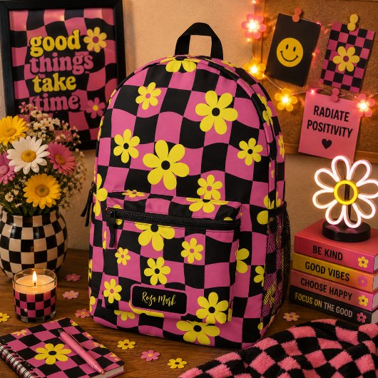 Sac À Dos Imprimé Rose Fleur Groovy Damier