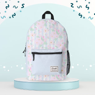 Sac À Dos Imprimé Rose Pâle Aquarelle Floral & Rayures Monogrammées