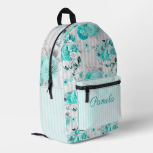 Sac À Dos Imprimé Roses Bleus Turquoise, Rayures Grises et Monogramm
