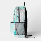 Sac À Dos Imprimé Roses Bleus Turquoise, Rayures Grises et Monogramm (Droite)